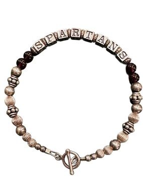 Spartans For ancient Greece Beaded name Bracelet in Silver and Garnet Accents 7”